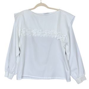 Vintage Floral Embroidered Sailor Collar Long Ballon Sleeve White Blouse 10